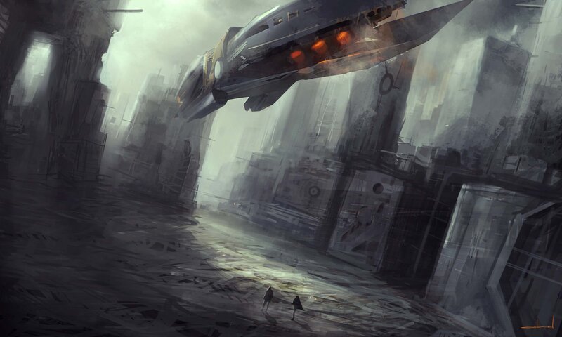 Flying Vehicle over Ruins — Gray