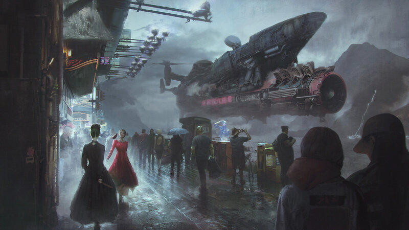Flying Vehicle over Street