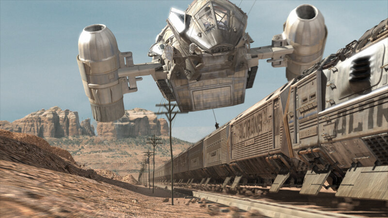 Flying Vehicle over Train — Brown