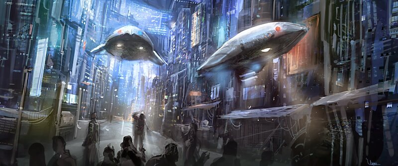 Flying Vehicles in City — Blue, Dramatic