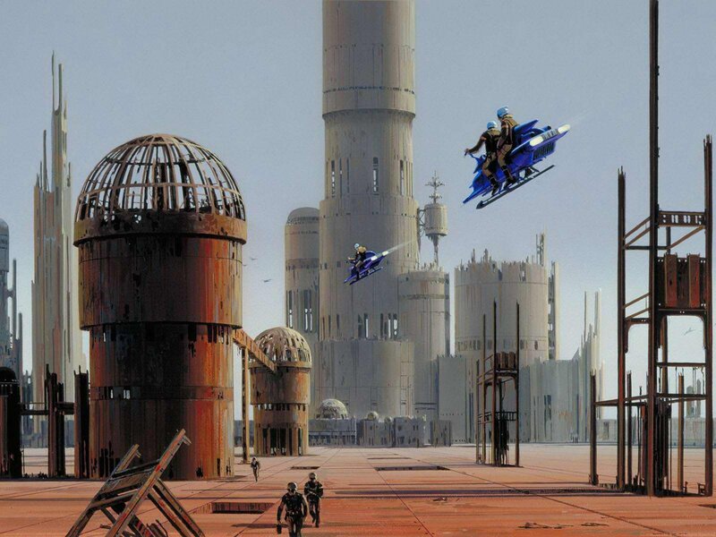 Flying Vehicles in City — Gray, Dramatic, Afternoon, Digital Art