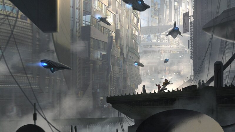 Flying Vehicles in City — Gray, Dramatic