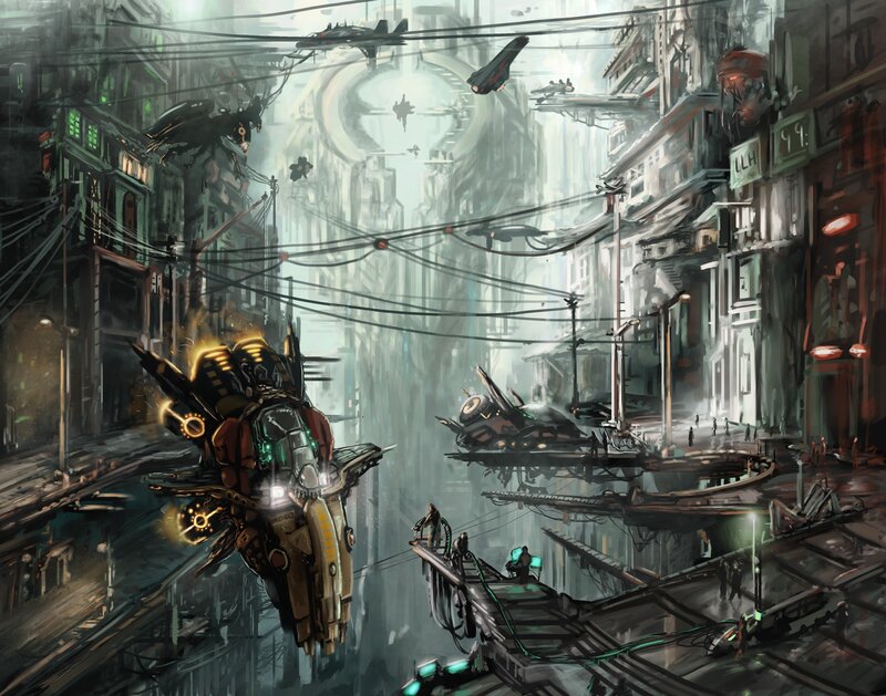 Flying Vehicles in City — Gray, Dystopian