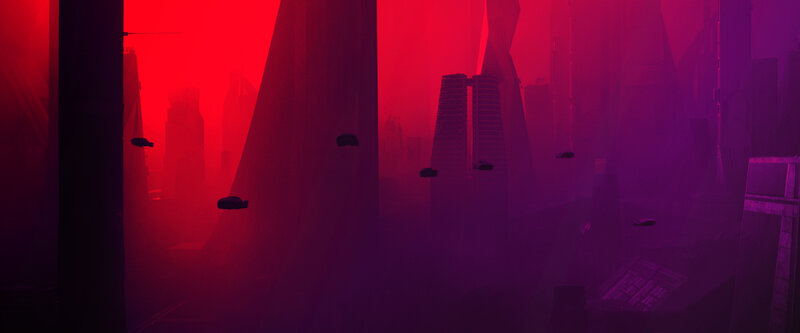 Flying Vehicles in City — Red, Dramatic