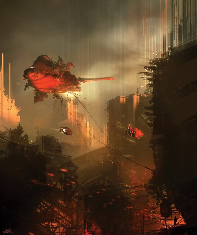 Flying Vehicles in City — Red