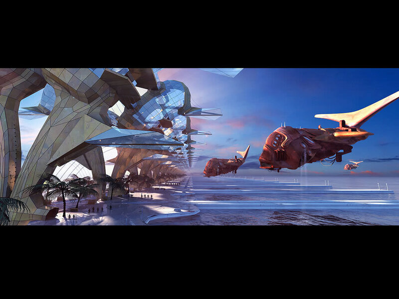 Flying Vehicles Near Futuristic Building
