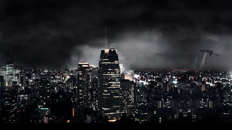 Flying Vehicles over City — Black