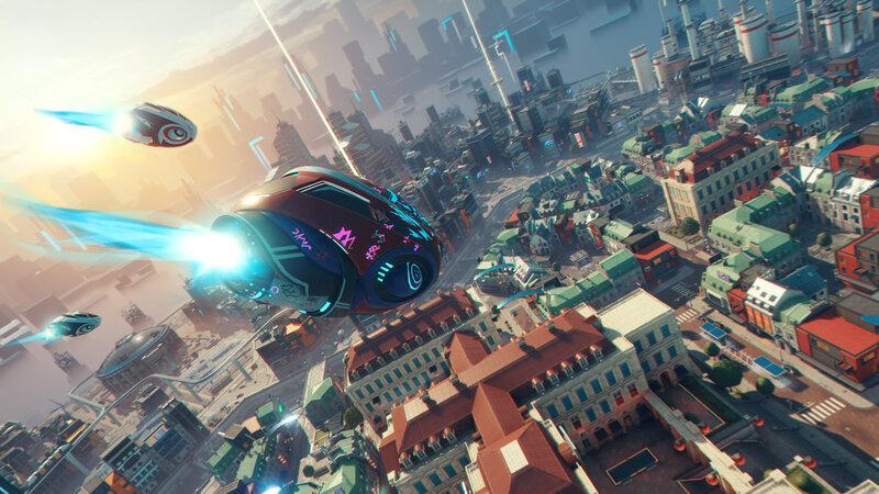 Flying Vehicles over City — Blue