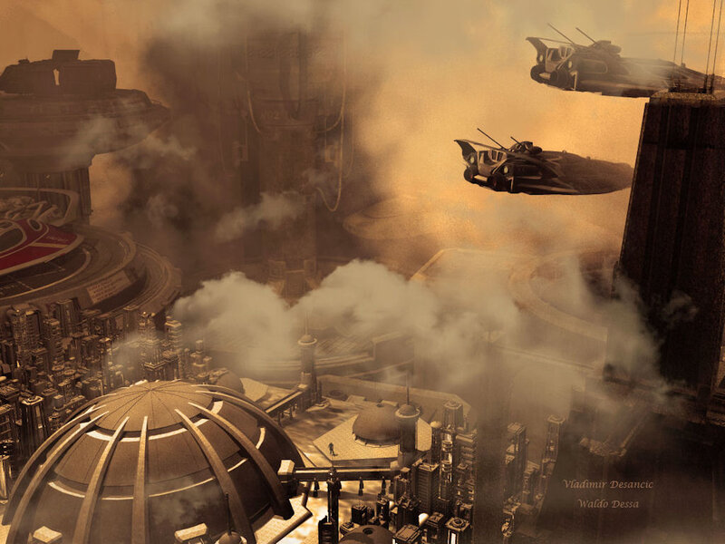 Flying Vehicles over City — Brown