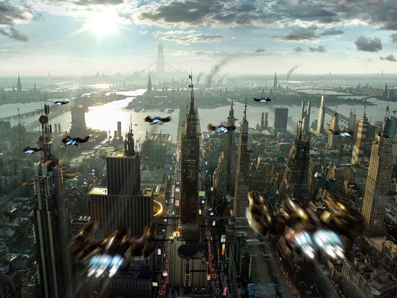 Flying Vehicles over City — Gray, Dramatic, Afternoon, Digital Art, Skyscrapers, River, Smoke, Aircraft