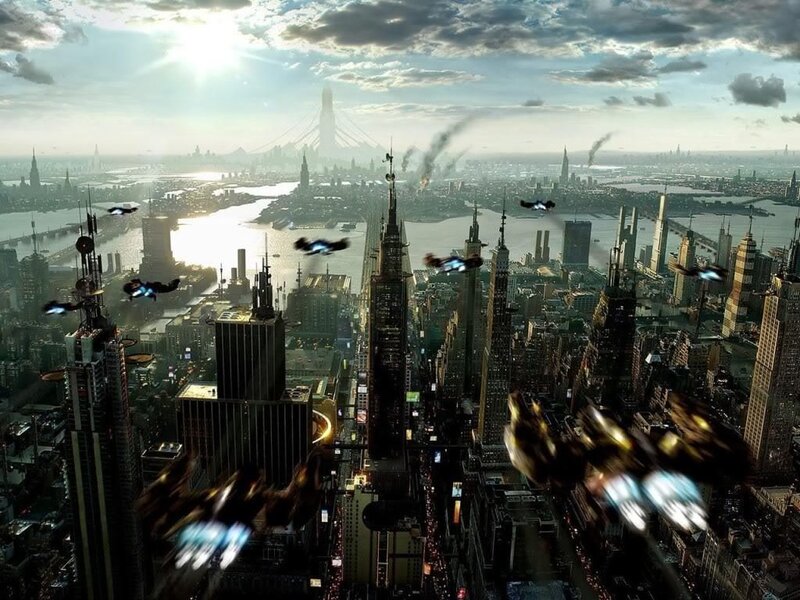 Flying Vehicles over City — Gray, Dramatic, Afternoon, Digital Art, Skyscrapers, River, Smoke, Sun