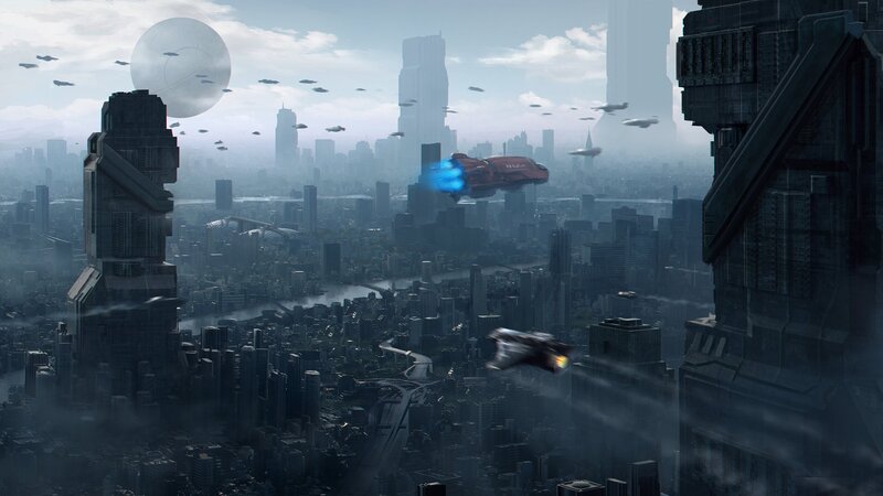 Flying Vehicles over City — Gray, Dramatic, Afternoon