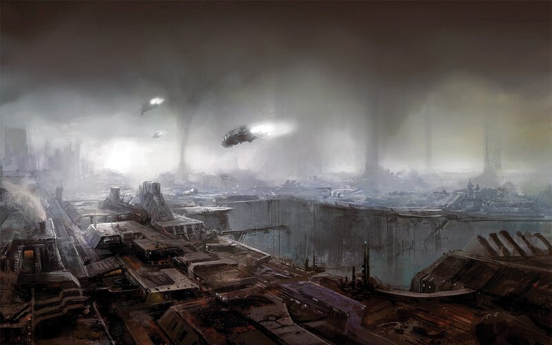 Flying Vehicles over City — Gray, Dramatic, Digital Art