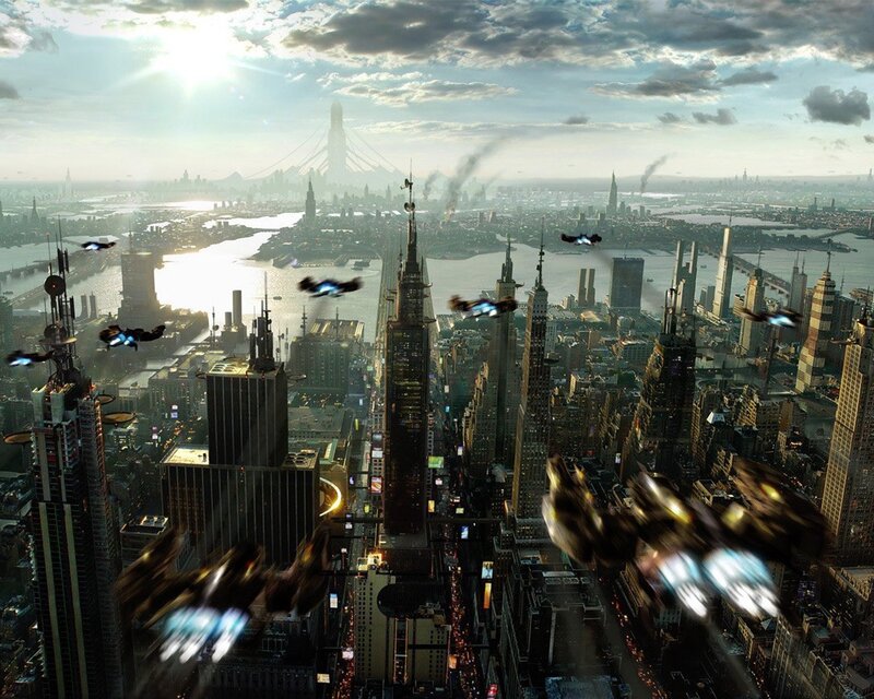 Flying Vehicles over City — Gray, Dramatic