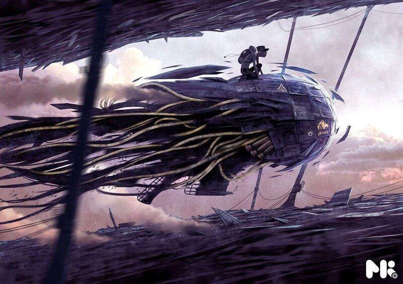 flying vessel in a post-apocalyptic world