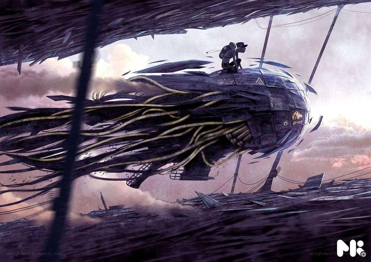 flying vessel in a post-apocalyptic world