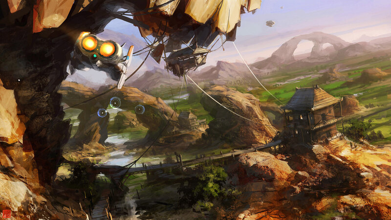 flying vessel over canyon village