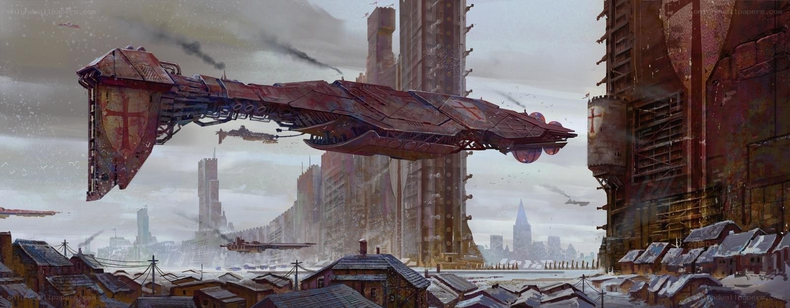 flying warship over a city