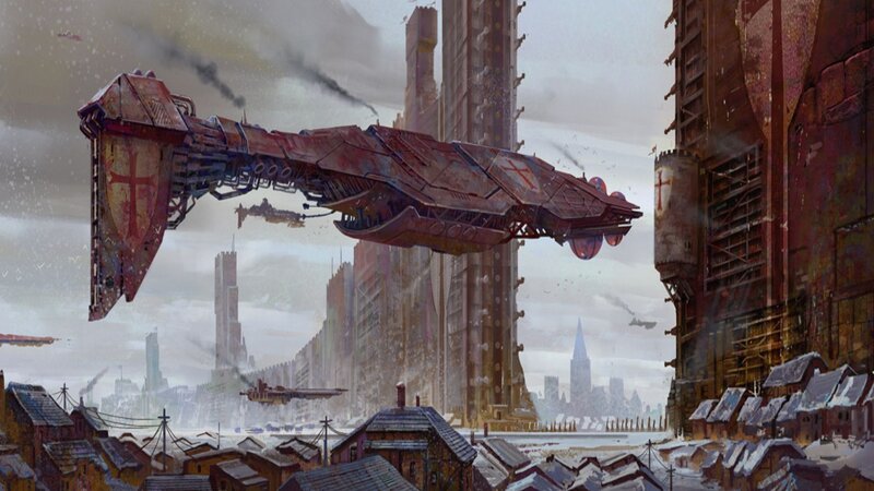 Flying Warship over City