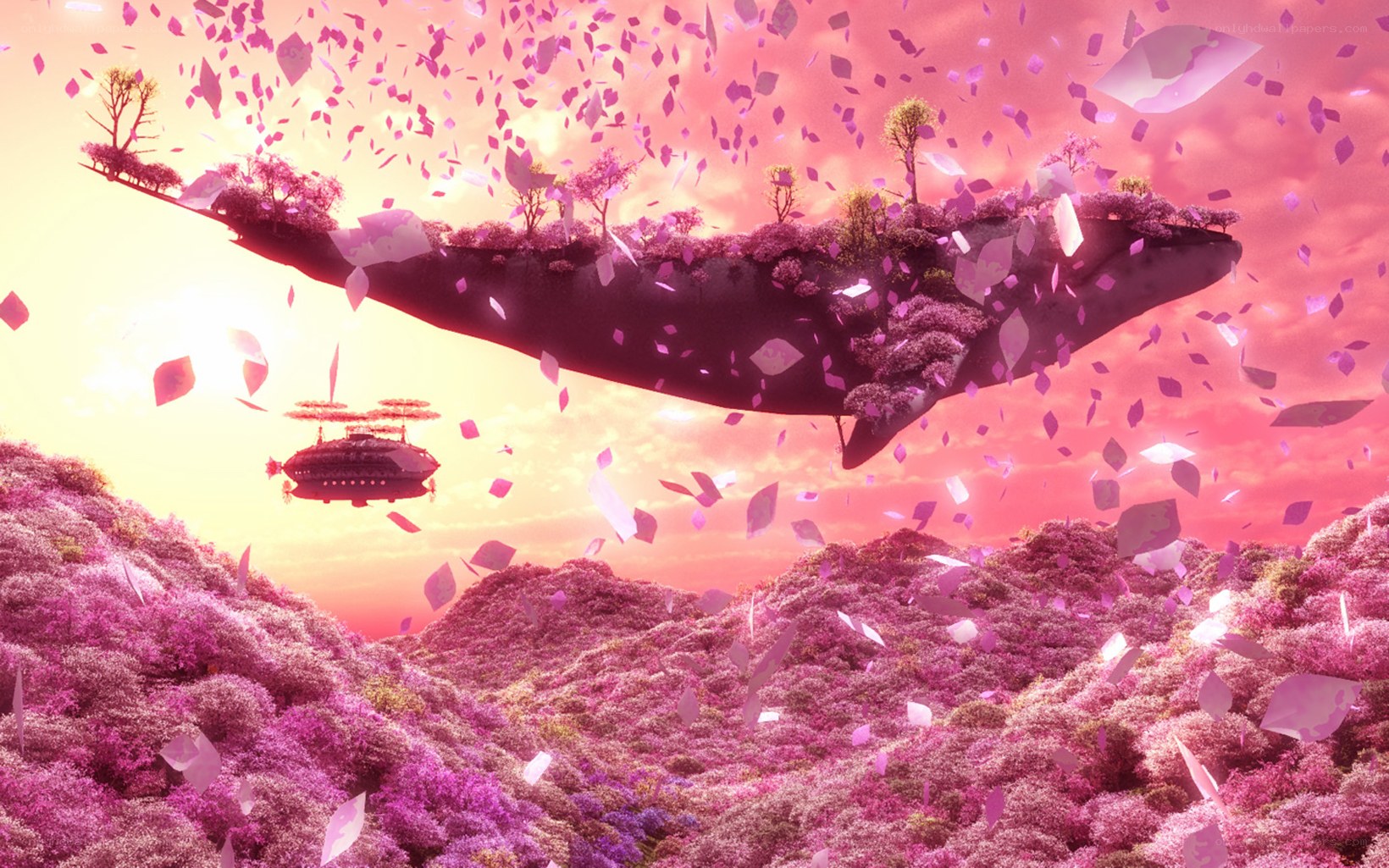 flying whale over pink landscape