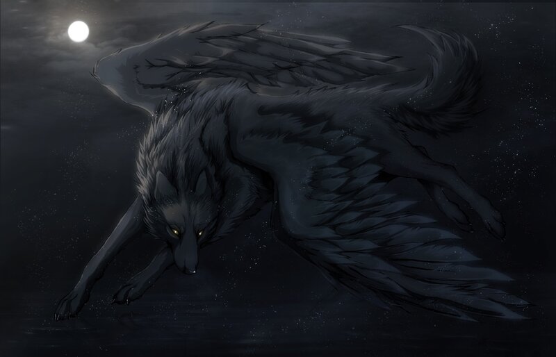 flying wolf under moonlight