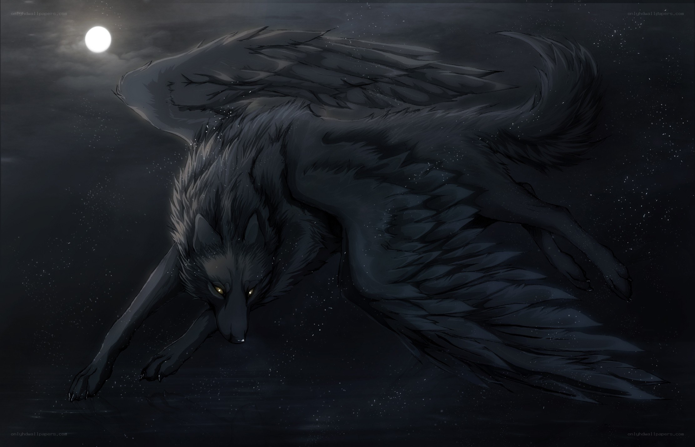 flying wolf under moonlight