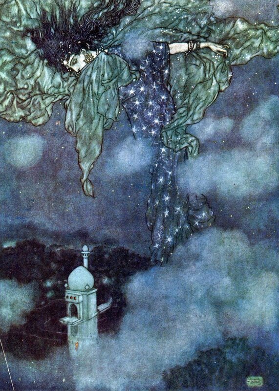 flying woman over minaret