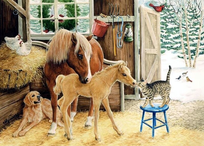 Foal and Cat in Barn