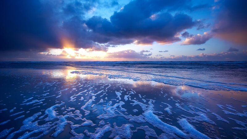 Foamy Beach at Sunset — Blue, Dramatic, Photograph, Ocean, Clouds