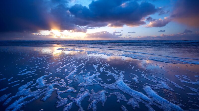 Foamy Beach at Sunset — Blue, Dramatic, Photograph, Ocean, Sky, Clouds, Purple