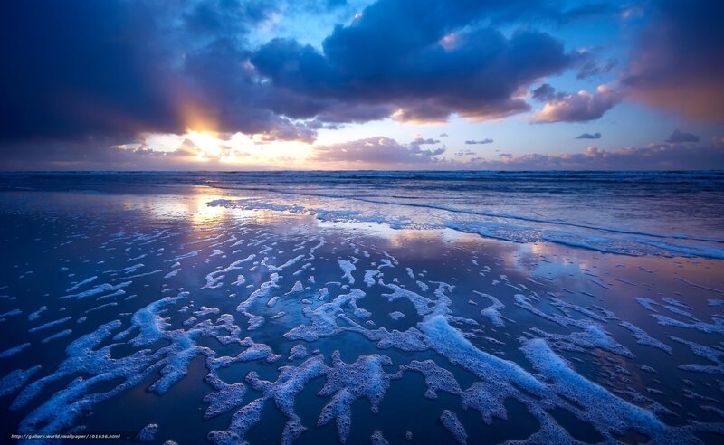 Foamy Beach at Sunset — Blue, Dramatic