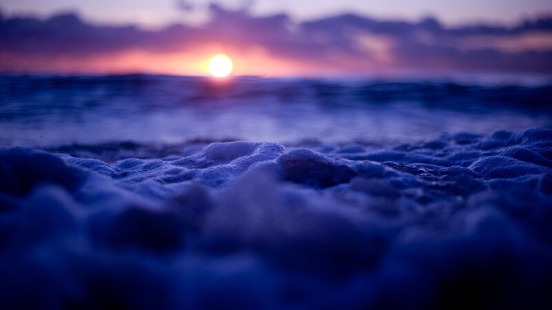 Foamy Waves at Sunset — Blue, Serene, Photograph, Sun, Ocean