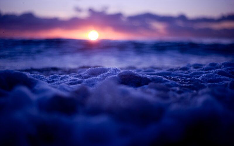 Foamy Waves at Sunset — Blue, Serene, Photograph, Sun