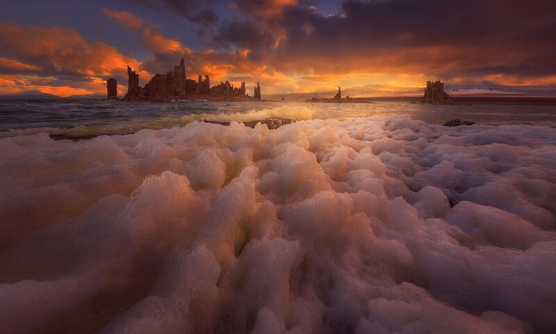 Foamy Waves at Sunset — Orange, Dramatic