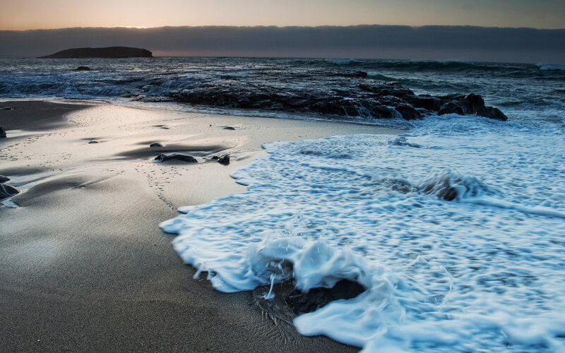 Foamy Waves on Beach — Blue, Calm, Sunset