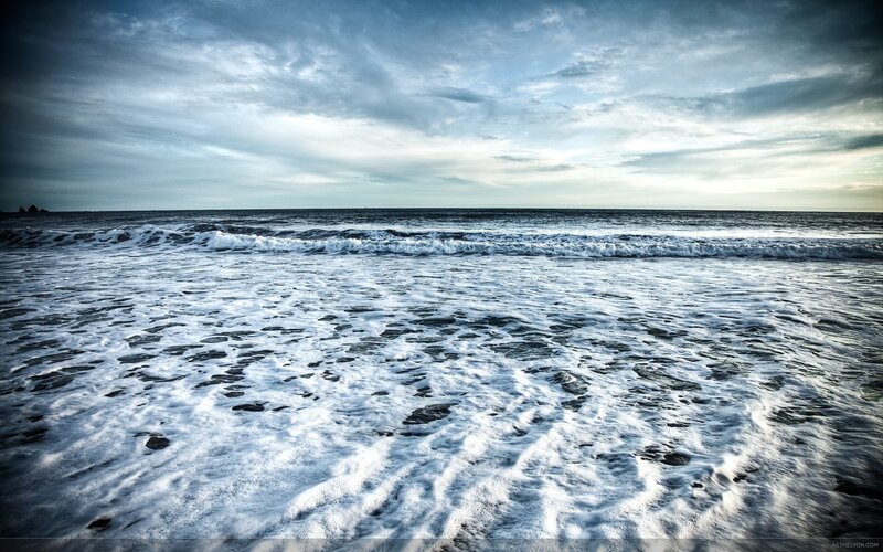 Foamy Waves on Beach — Blue, Dramatic, Sunset, Photograph, Ocean, Sky, Clouds, White