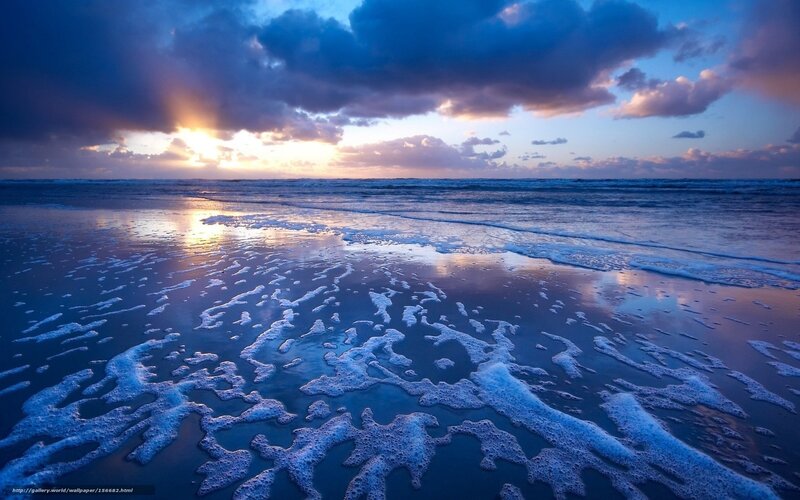 Foamy Waves on Beach — Blue, Dramatic, Sunset, Photograph, Ocean