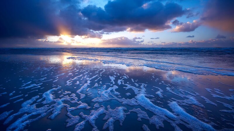 Foamy Waves on Beach — Blue, Dramatic, Sunset, Photograph