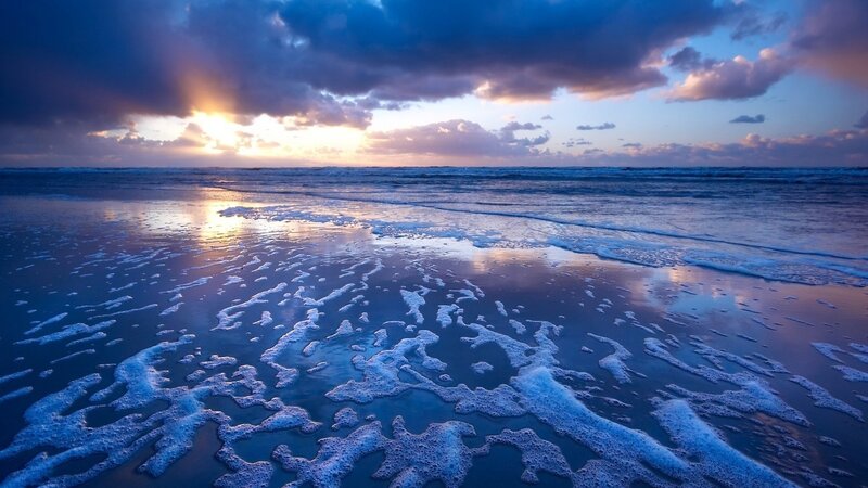 Foamy Waves on Beach — Blue, Dramatic, Sunset