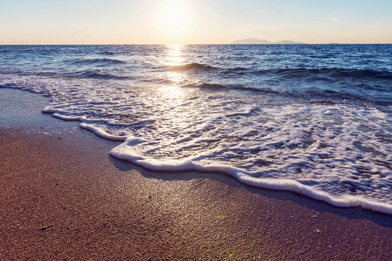 Foamy Waves on Beach — Blue, Serene, Sunset, Photograph, Ocean