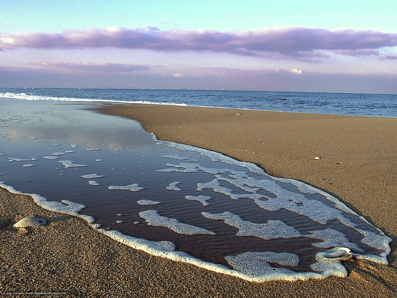 Foamy Waves on Beach — Blue, Serene, Sunset, Photograph, Sand