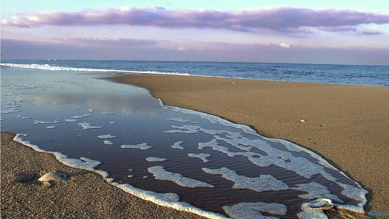 Foamy Waves on Beach — Blue, Serene, Sunset, Photograph