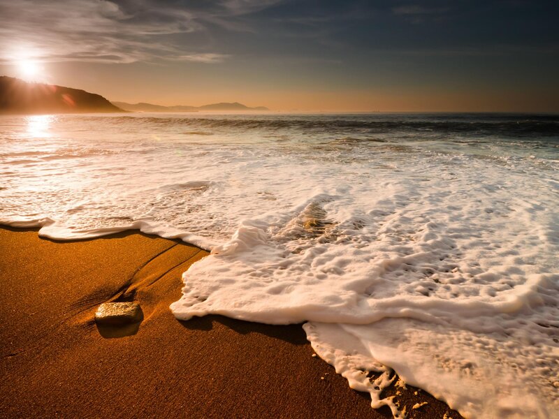 Foamy Waves on Beach — Gold, Serene, Sunset, Photograph, Sun