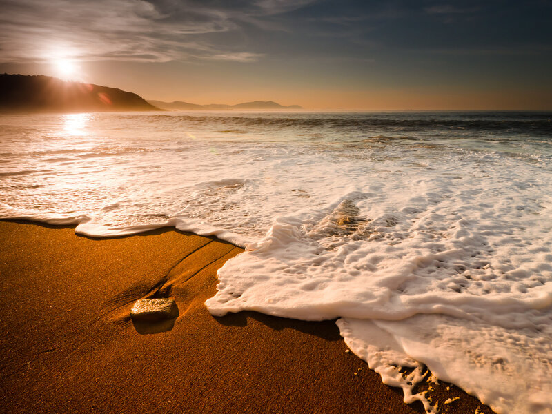 Foamy Waves on Beach — Gold, Serene, Sunset, Photograph