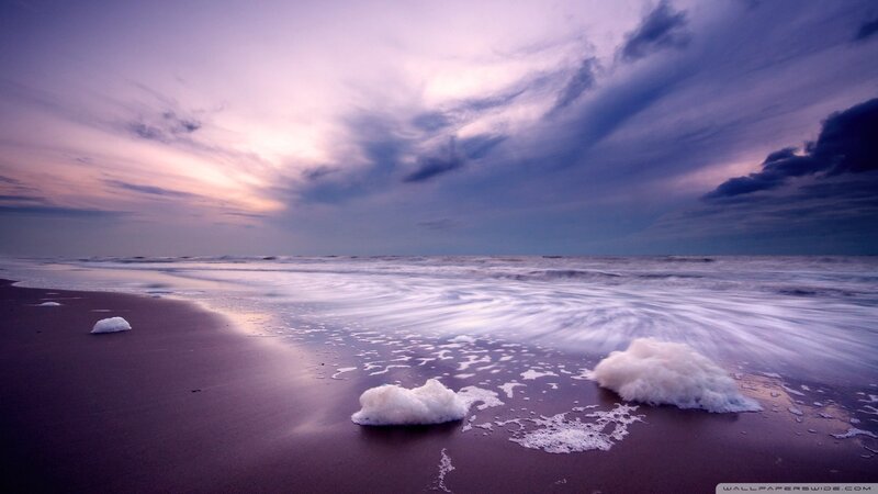 Foamy Waves on Beach — Purple, Dramatic, Sunset