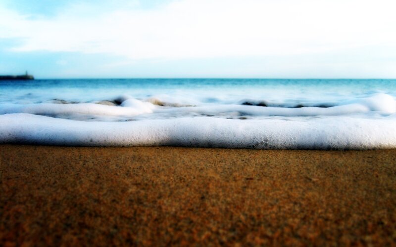 Foamy Waves on Sand — Blue, Calm, Photograph