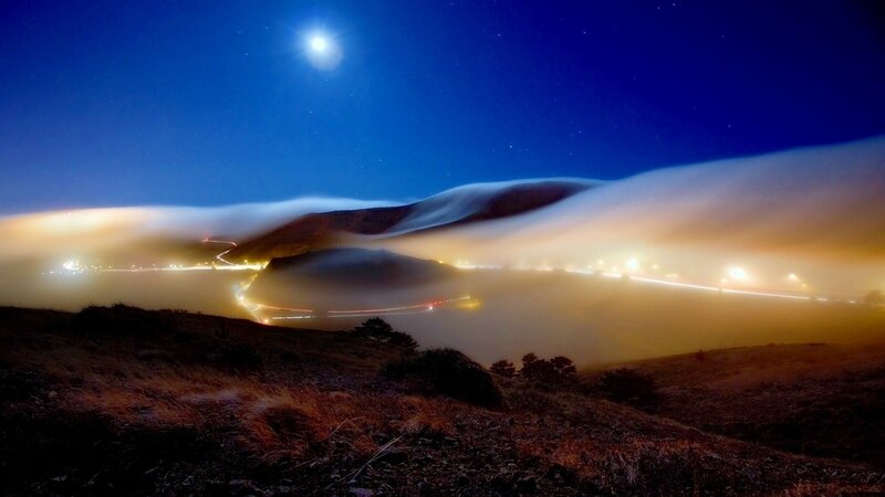 Fog-covered Hills at Night — Blue, Serene