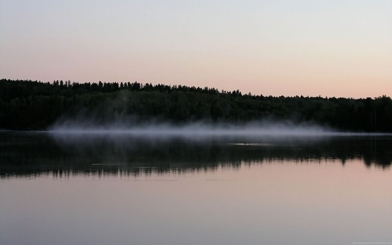 Fog over a calm lake at dawn