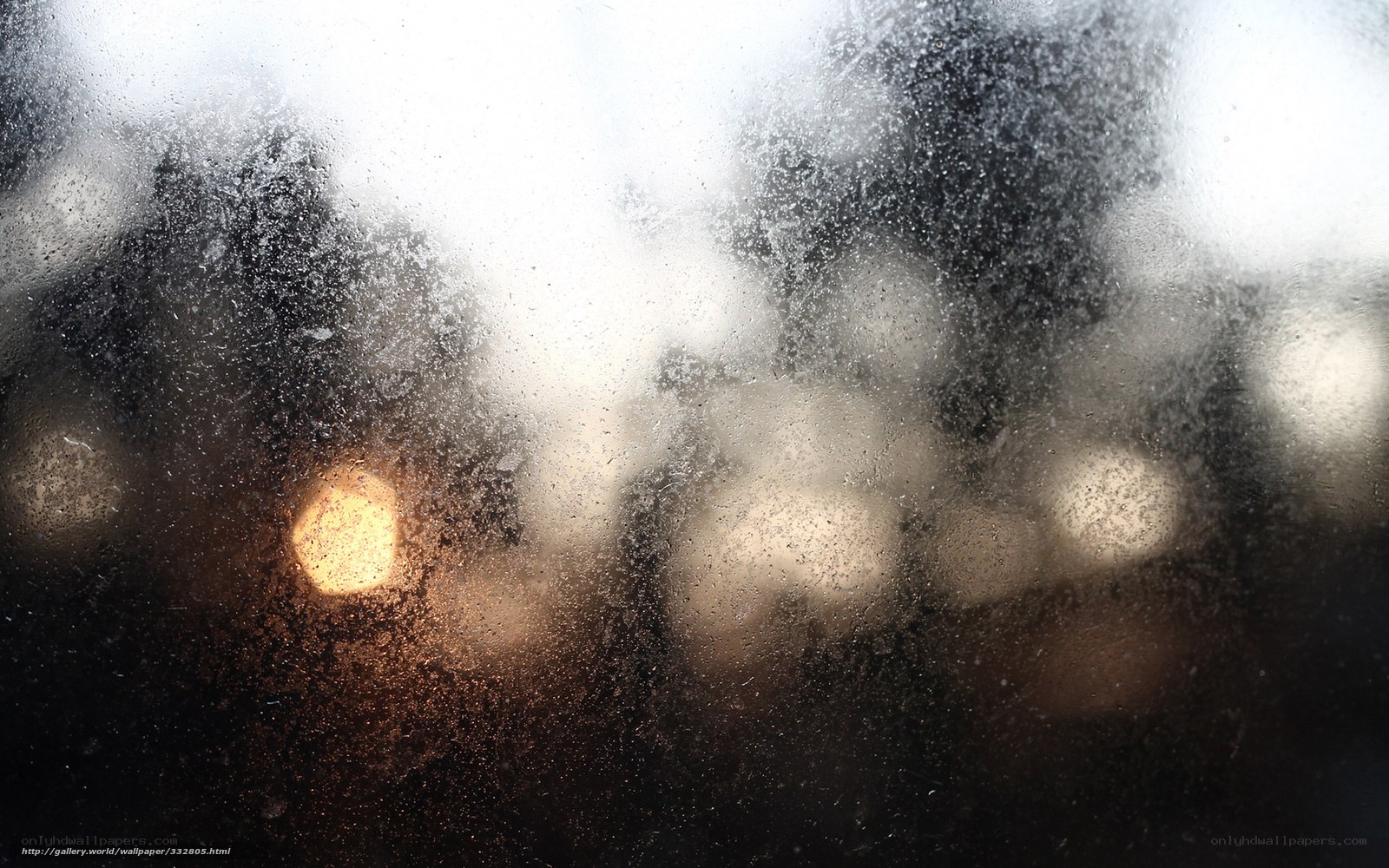 Fogged glass with city lights
