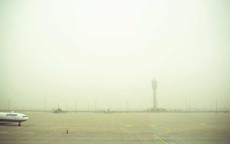 Foggy airport tarmac